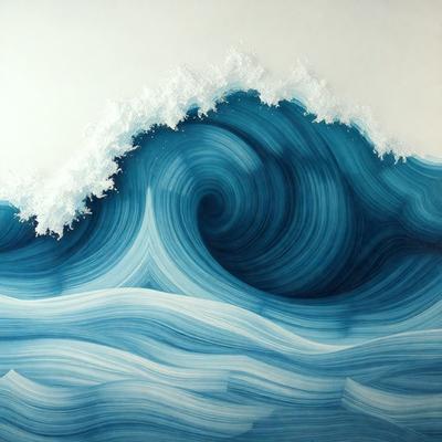 The primary subject of the image is a large, blue wave with white foam. The wave is the main focus of the image, and it is set against a white background. The visual style of the image is a combination of photo and digital art, creating a realistic yet artistic representation of the wave. The dominant colors in the image are blue and white, with the blue wave and white foam creating a sense of depth and movement.